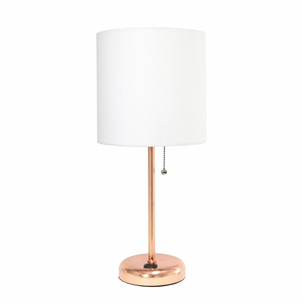 Creekwood Home Oslo 19.5in Contemporary Power Outlet Base Metal Table Lamp, Rose Gold, White Drum Fabric Shade CWT-2010-RG